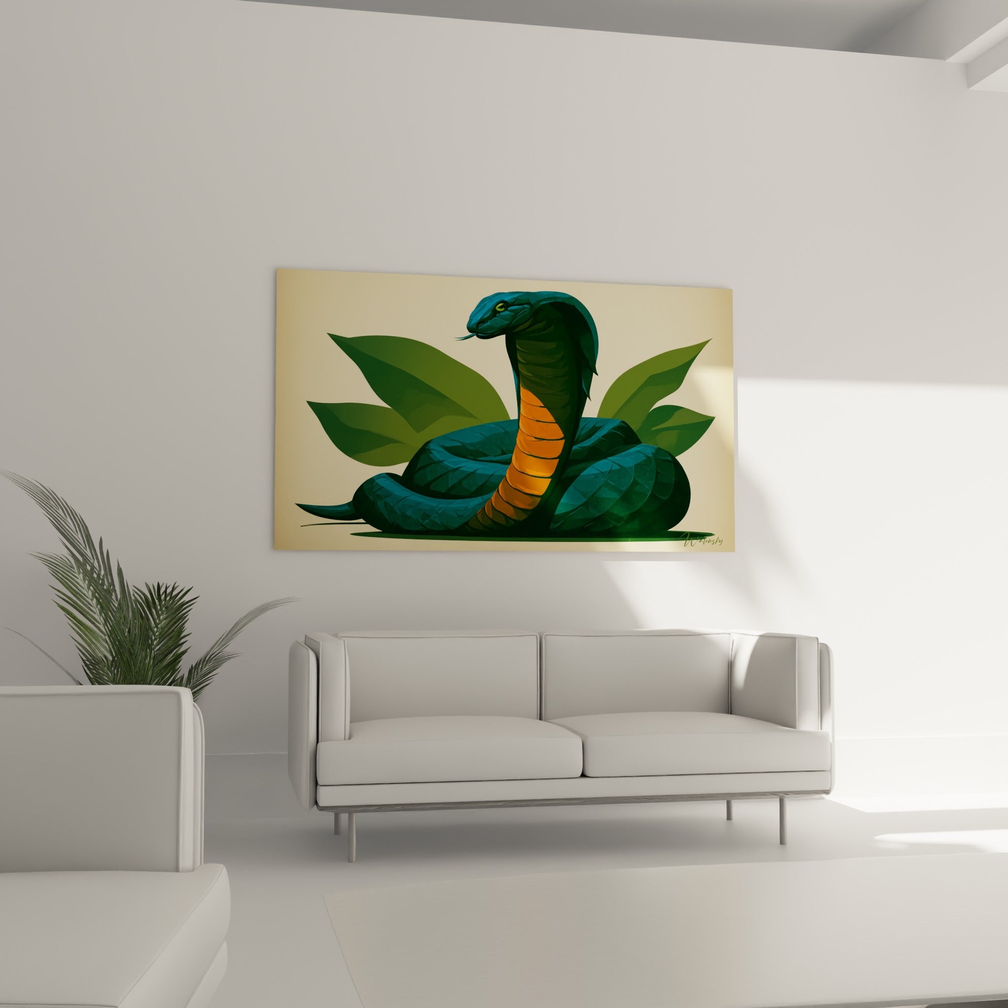 Reptile vert émeraude à bandes orange dressé parmi des feuilles, au-dessus d'un canapé dans un salon lumineux