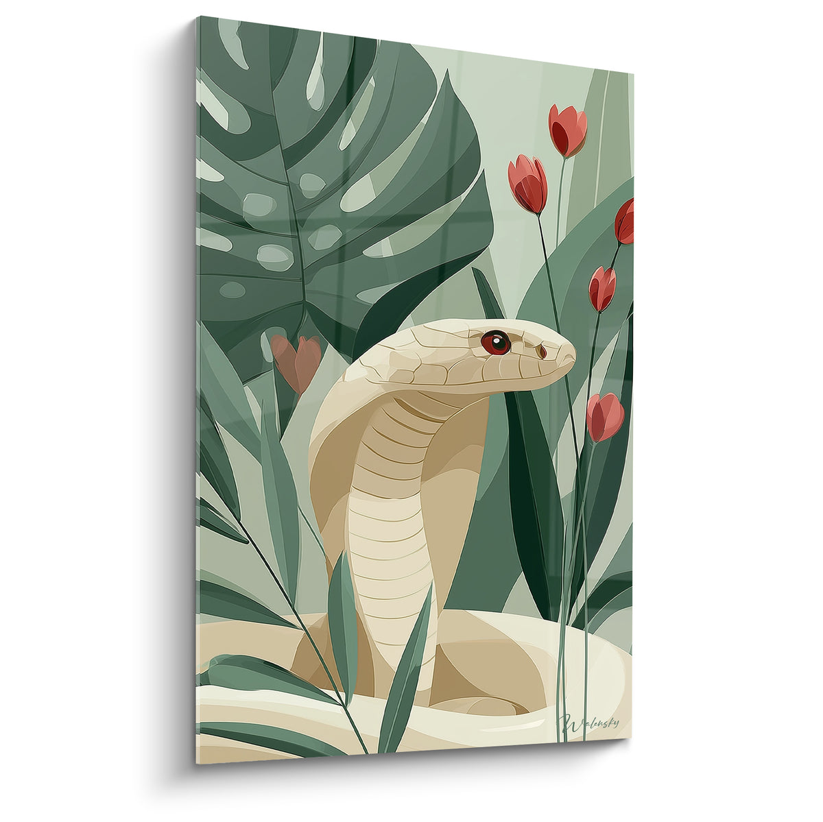 Cobra ivoire dressé face aux fleurs terracotta et feuilles vert sauge en aplat graphique