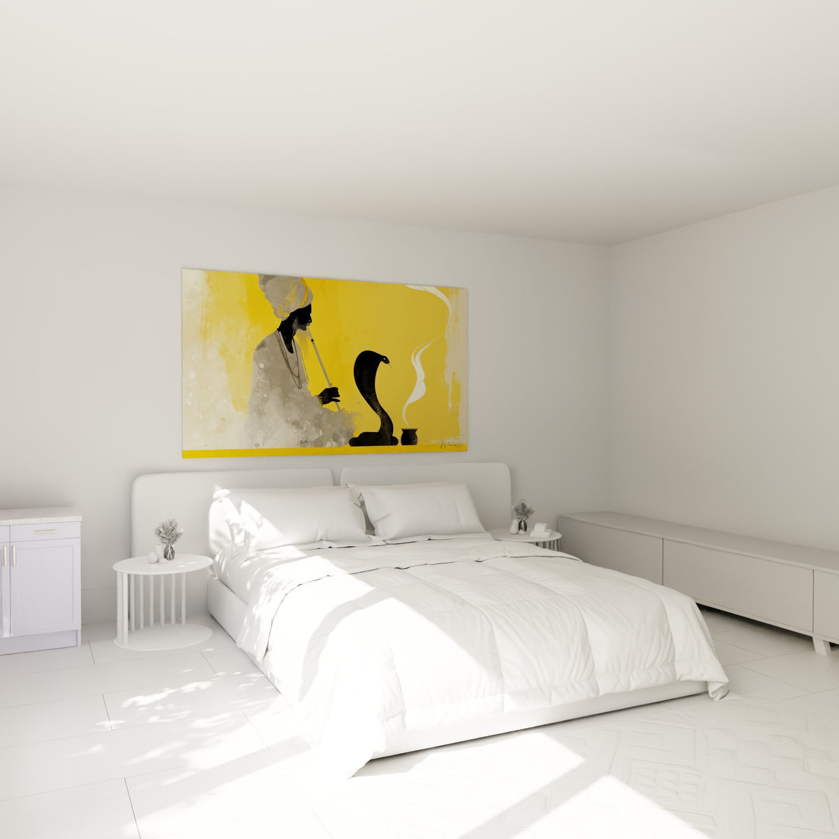 Cobra noir dressé devant un charmeur en silhouette, tons ocre et anthracite, au-dessus d'un lit dans une chambre claire