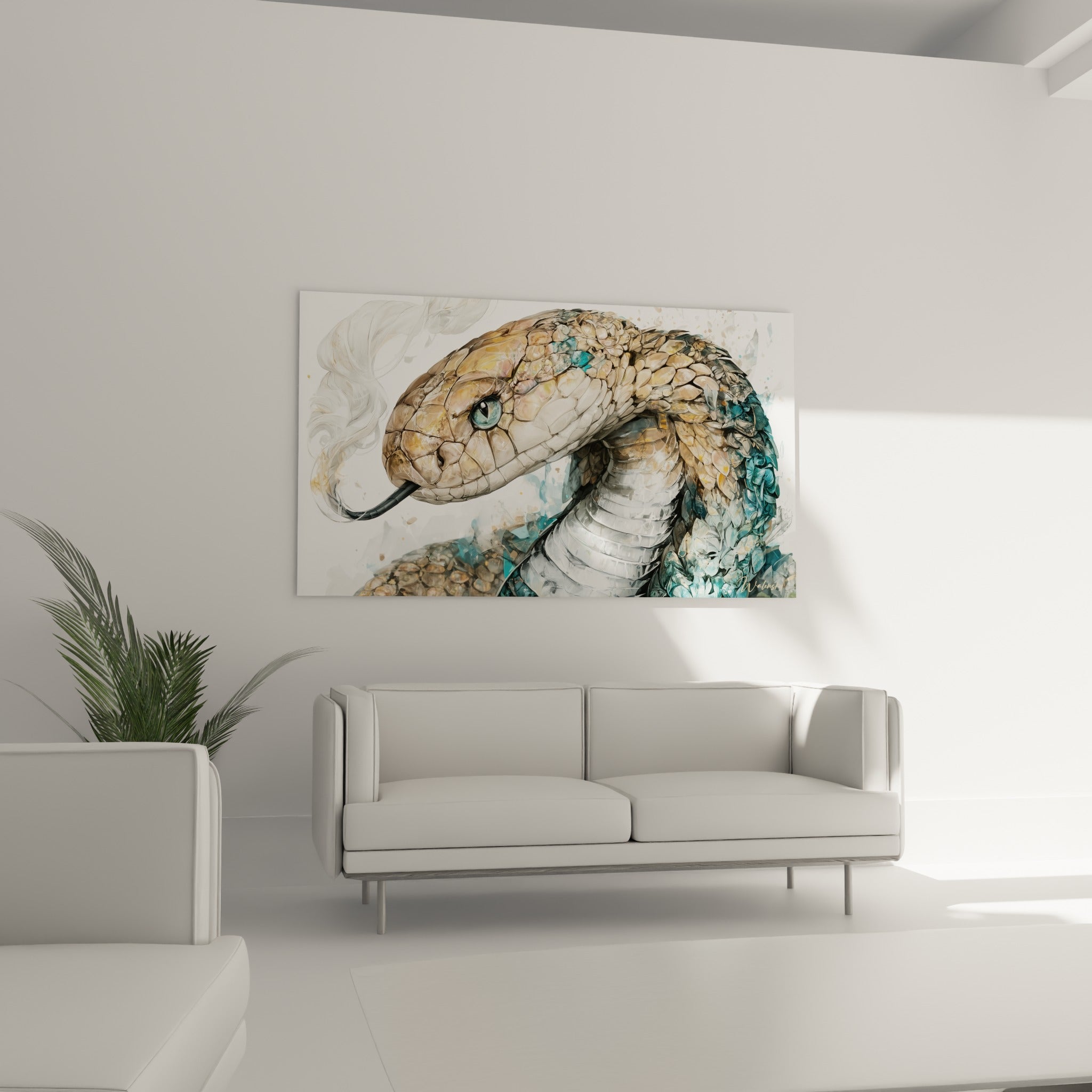 Cobra ocre et turquoise à la langue fourchée, écailles nacrées, au-dessus d'un canapé dans un salon lumineux