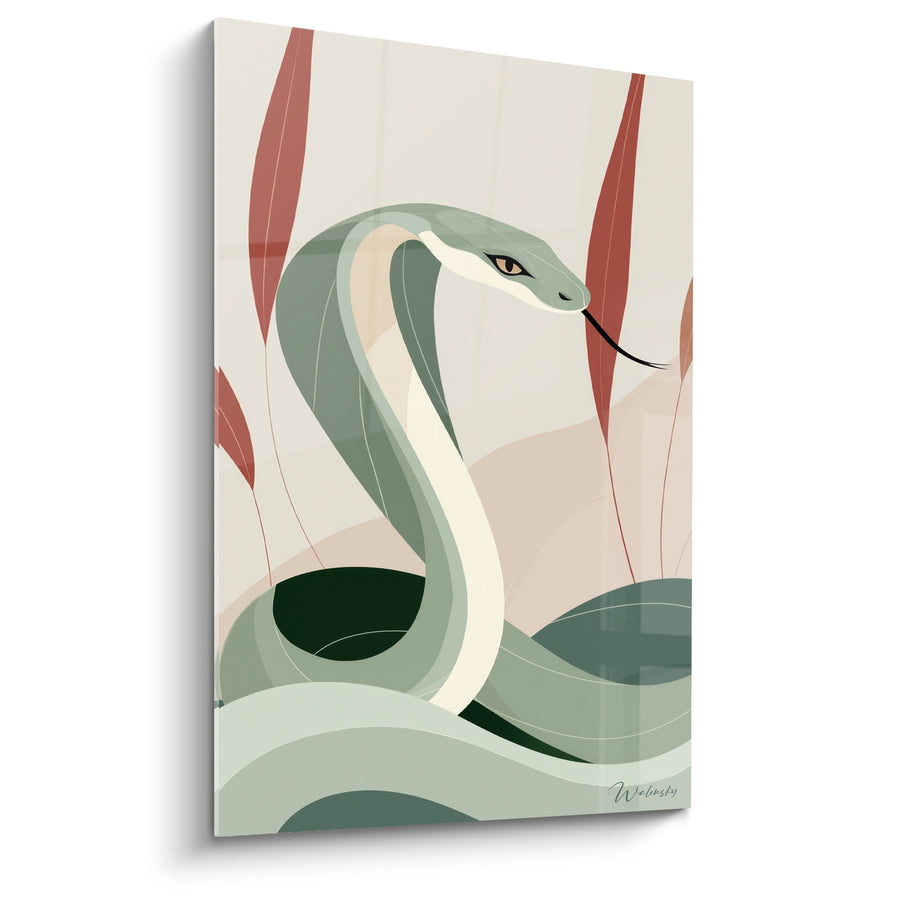 Tableau Cobra vert et blanc parmi hautes tiges rouges - Langue noire tendue - Edition Serpent