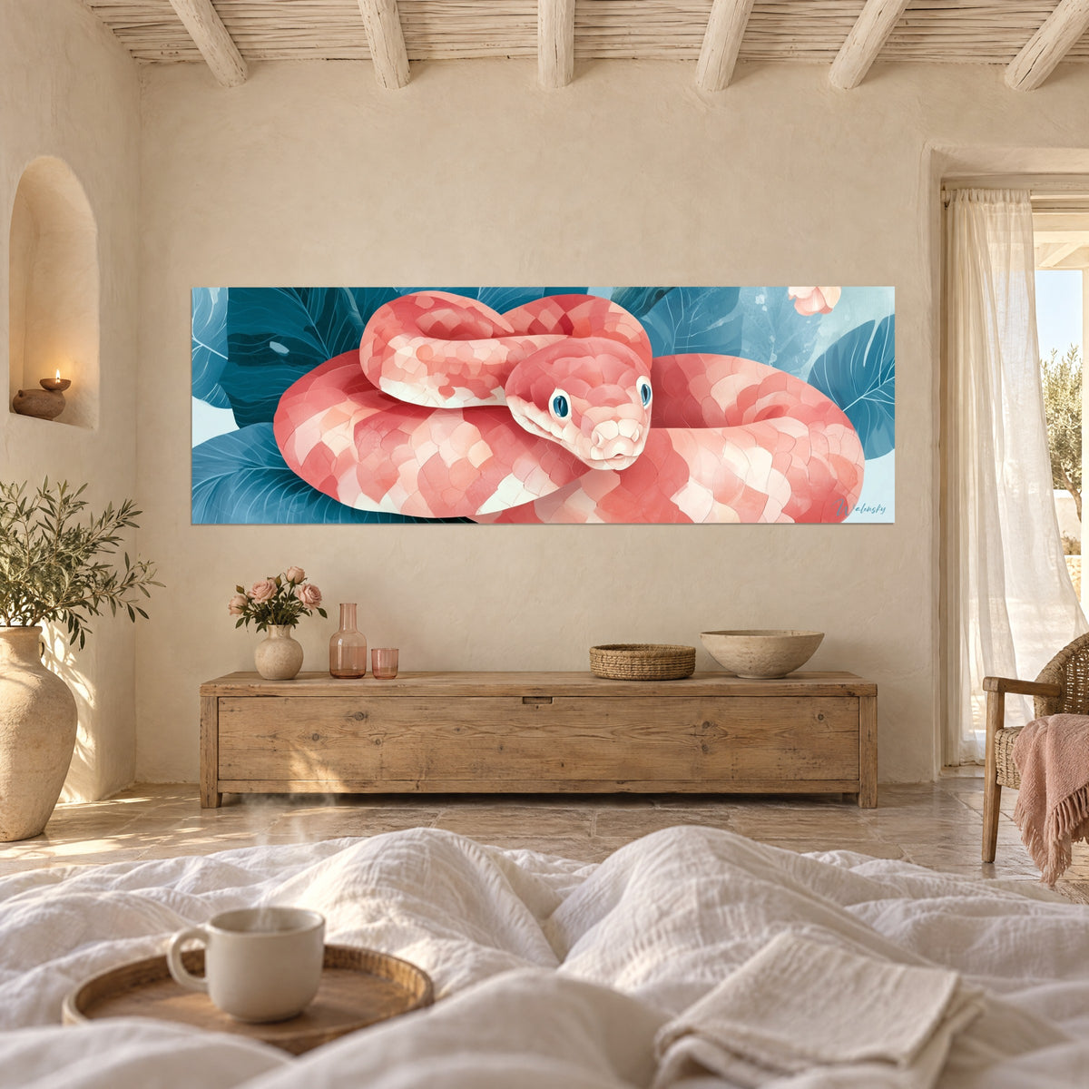 Wall art coral python with mosaic-like pink and cream white scales, glacier-blue foliage background, above a bed in a light bedroom