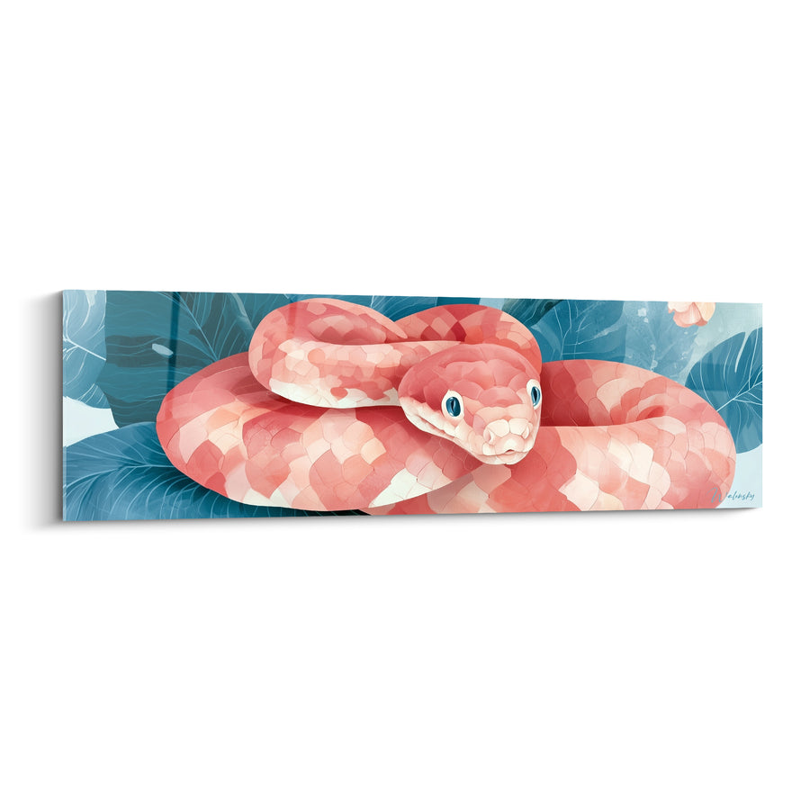 Tableau Serpent corail lové sur feuillage bleuté - Repos tropical - Edition Serpent