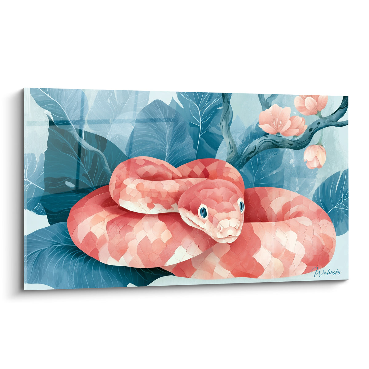 Serpent corail lové aux écailles roses et blanches sur fond bleu ardoise feuillu
