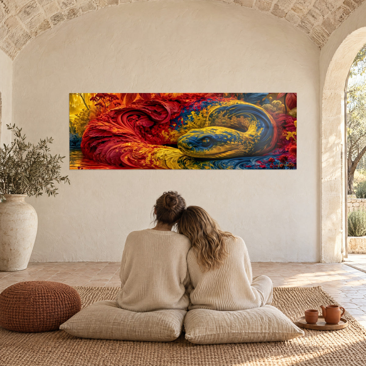 Schilderij van een opgerolde adder in zonnig geel en diepblauw, vurig rode spiralen, tegenover een stel dat zich op kussens nestelt in een landhuis