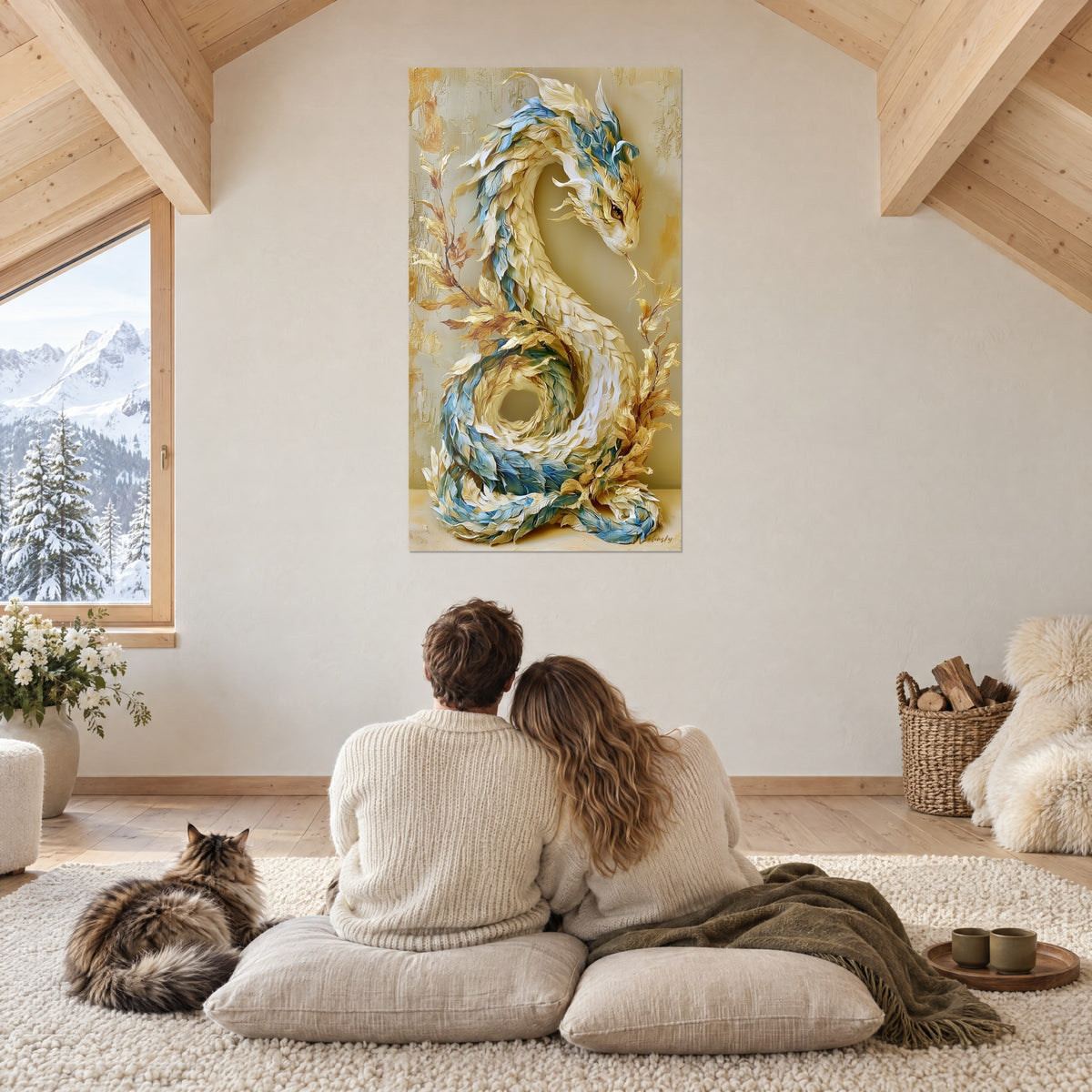 Tableau dragon blanc plumeux à reflets bleus et branches dorées, couple de dos et chat Maine Coon dans un chalet