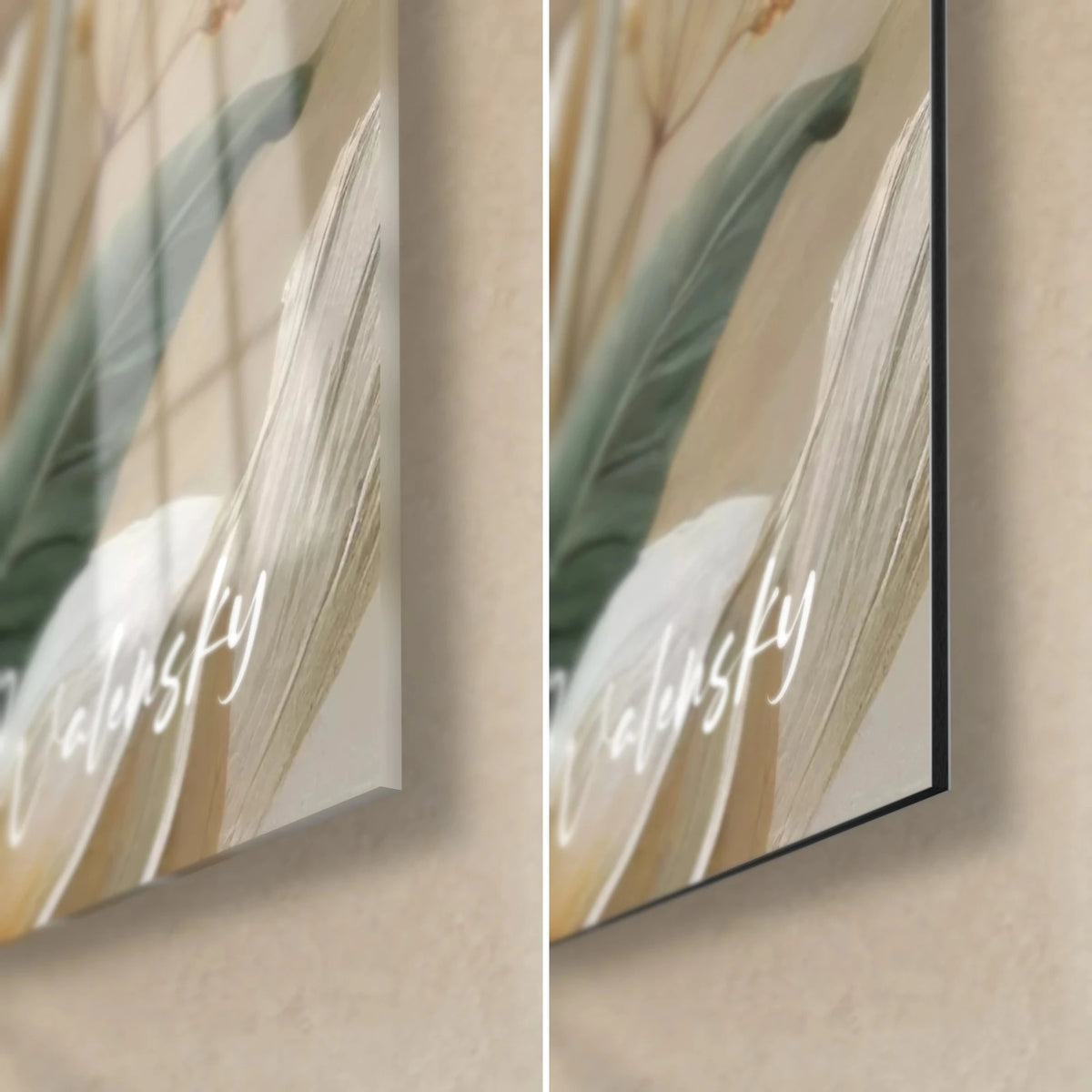 Wall art ivory snake, bottom right corner: glossy acrylic glass on the left, matte black Dibond aluminium on the right, white Walensky signature