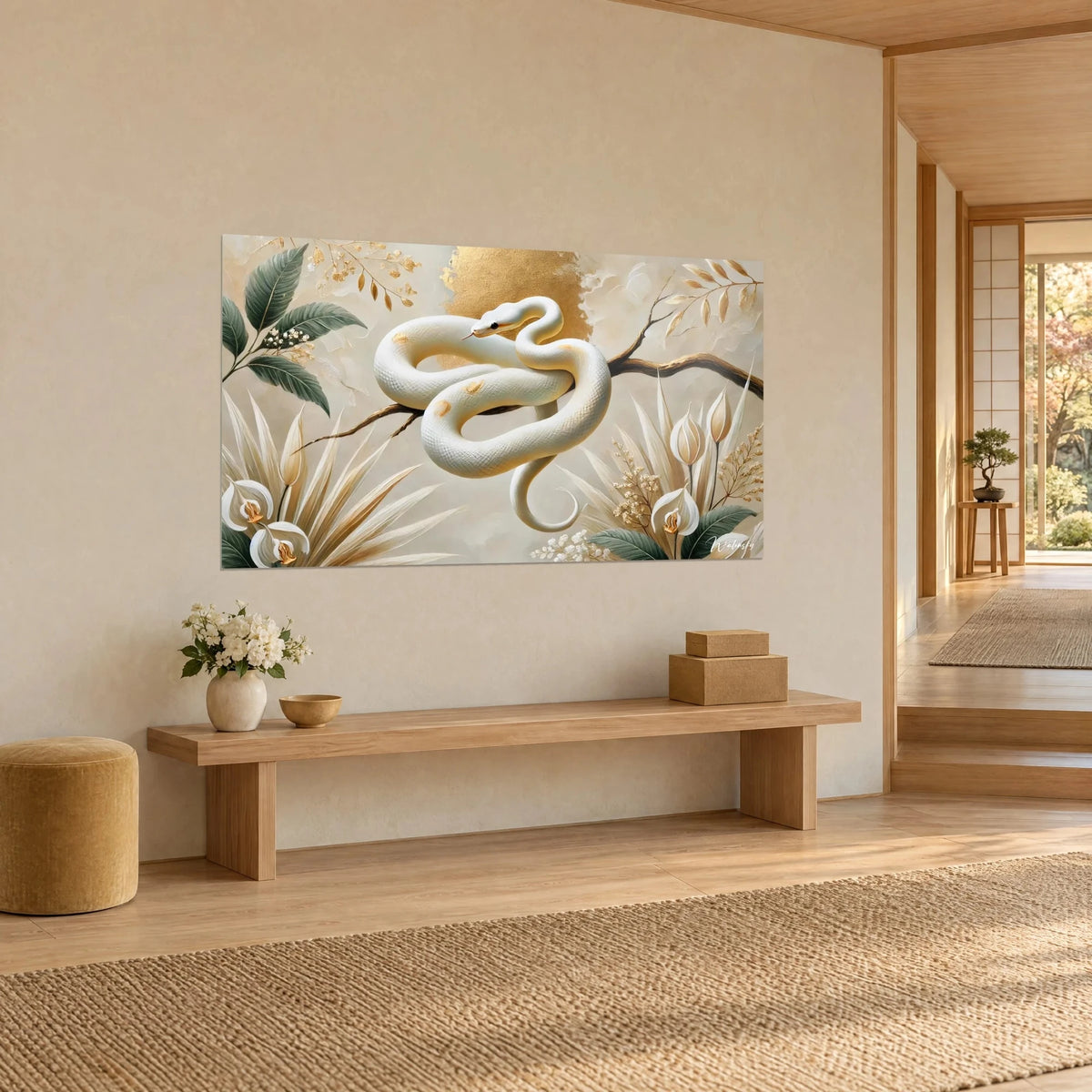 Wall art pearlescent python with chiselled scales, gold flat areas and cream lilies, three-quarter view in a Japandi home