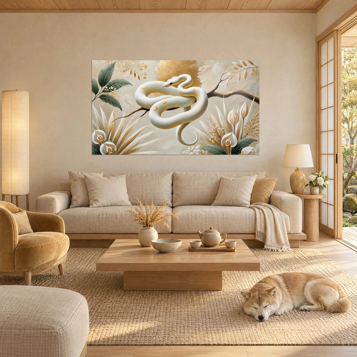 Wall art ivory white snake coiled on a branch, sage green and gold foliage, sleeping Shiba, above a sofa in a bright living room