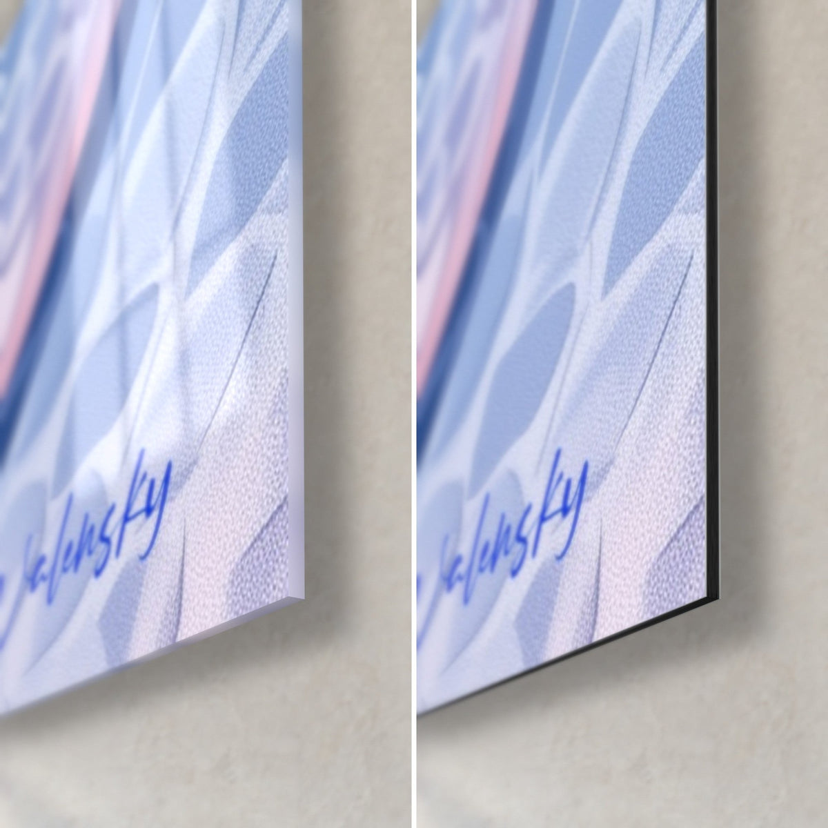 Wall art of a periwinkle blue cobra, scales and blue signature bottom right, glossy glass on the left, matte Dibond on the right
