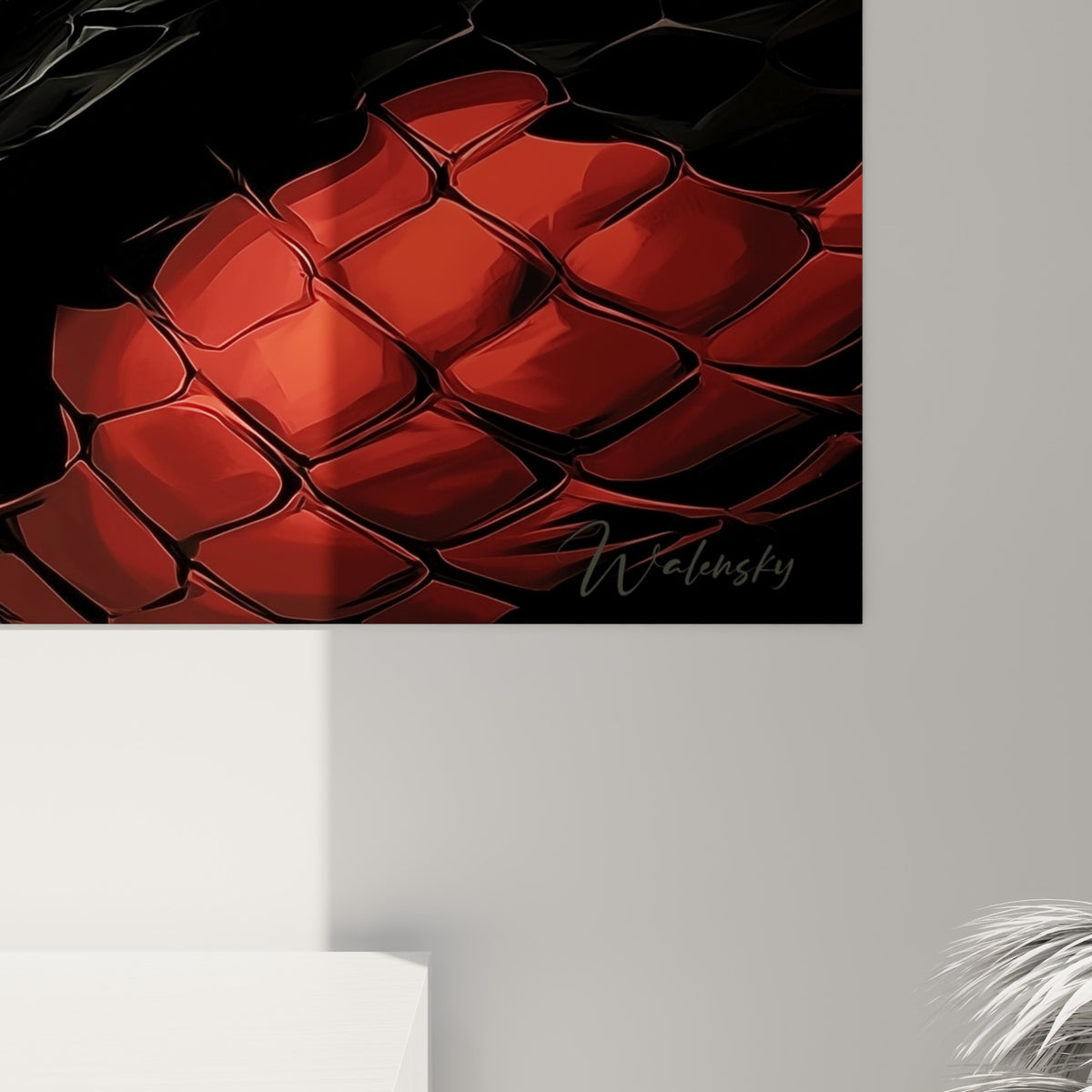 Détail des écailles rouges et noires du serpent, empâtements marqués et lumière dorée concentrée sur l'œil