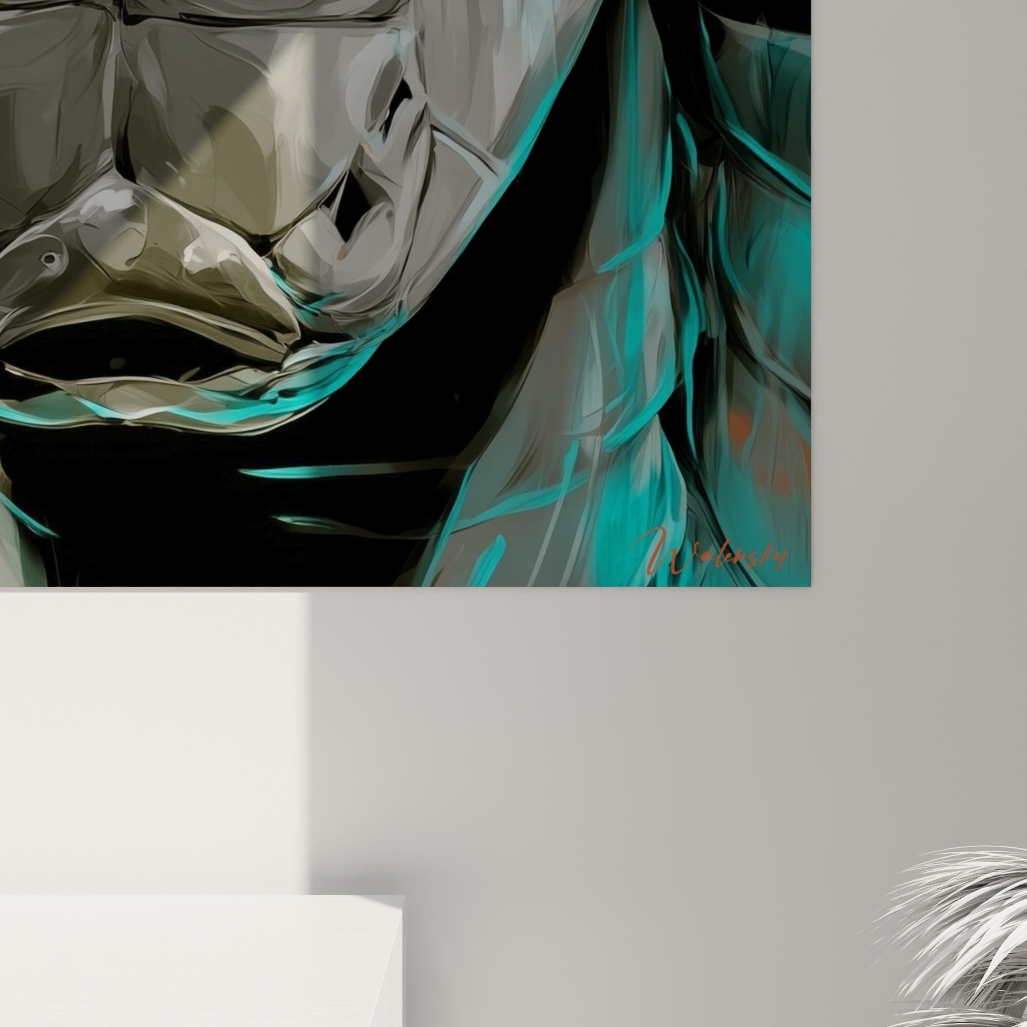 Détail des écailles grises sculptées et des reflets turquoise sur la mâchoire du serpent peint