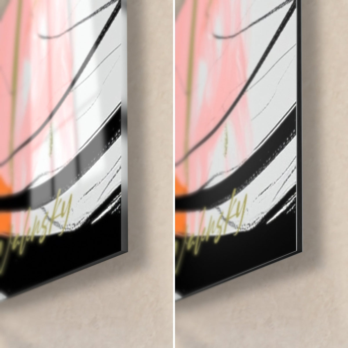 Gemälde Schlange mit schwarzen Linien und zartrosa Tönen, untere rechte Ecke: glänzendes Acrylglas links, mattes Dibond rechts, 3 mm Kante