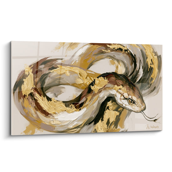 Serpent doré enroulé en spirales, écailles brunes et anthracite peintes en larges empâtements