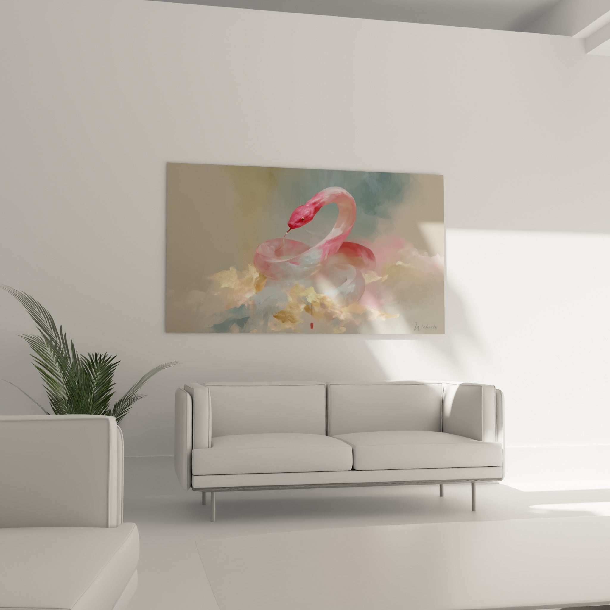 Silhouette de serpent rose et doré aux courbes fluides, au-dessus d'un canapé dans un salon lumineux