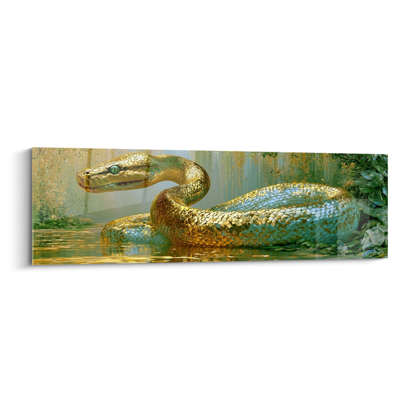 Tableau Python doré et bleu glissant dans l'eau - Reflets sur l'étang - Edition Serpent