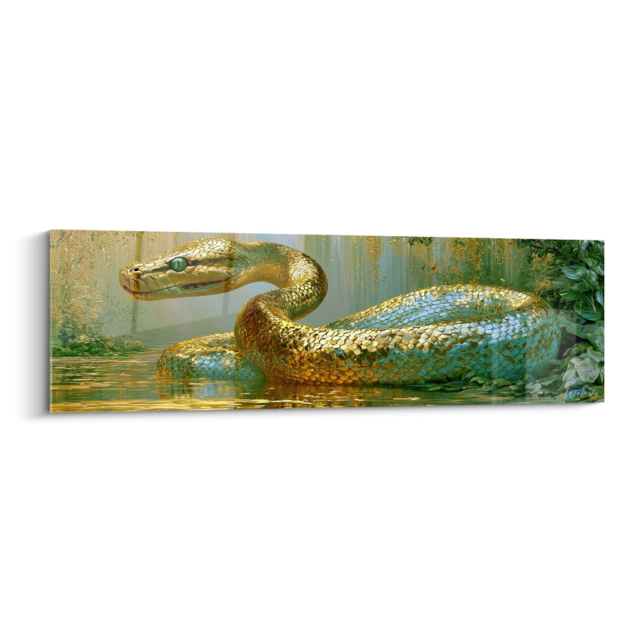 Tableau Python doré et bleu glissant dans l'eau - Reflets sur l'étang - Edition Serpent