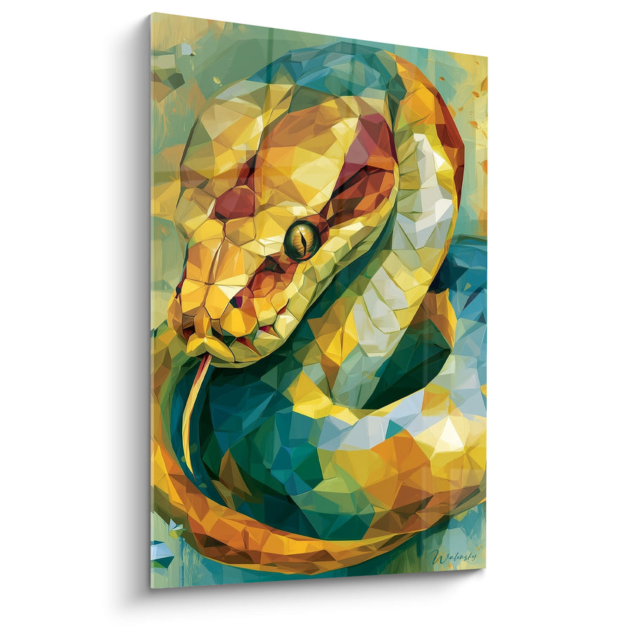 Tableau Serpent jaune et bleu aux facettes géométriques - Langue fine étirée - Edition Serpent