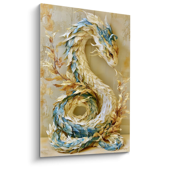 Tableau Serpent blanc et bleu aux écailles plumeuses sculptées - Branches dorées en arrière-plan - Edition Serpent