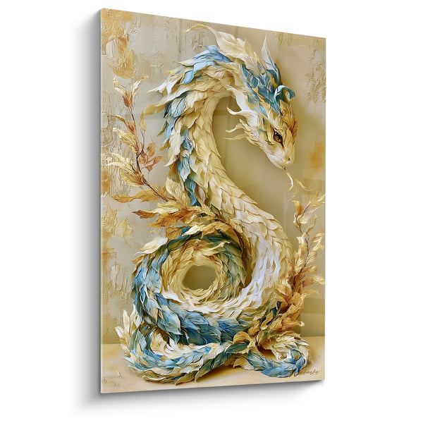 White and Blue Serpent Painting with Sculpted Feathered Scales - Golden Branches in the Background - Serpent Edition