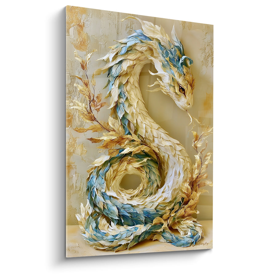 Tableau Serpent blanc et bleu aux écailles plumeuses sculptées - Branches dorées en arrière-plan - Edition Serpent