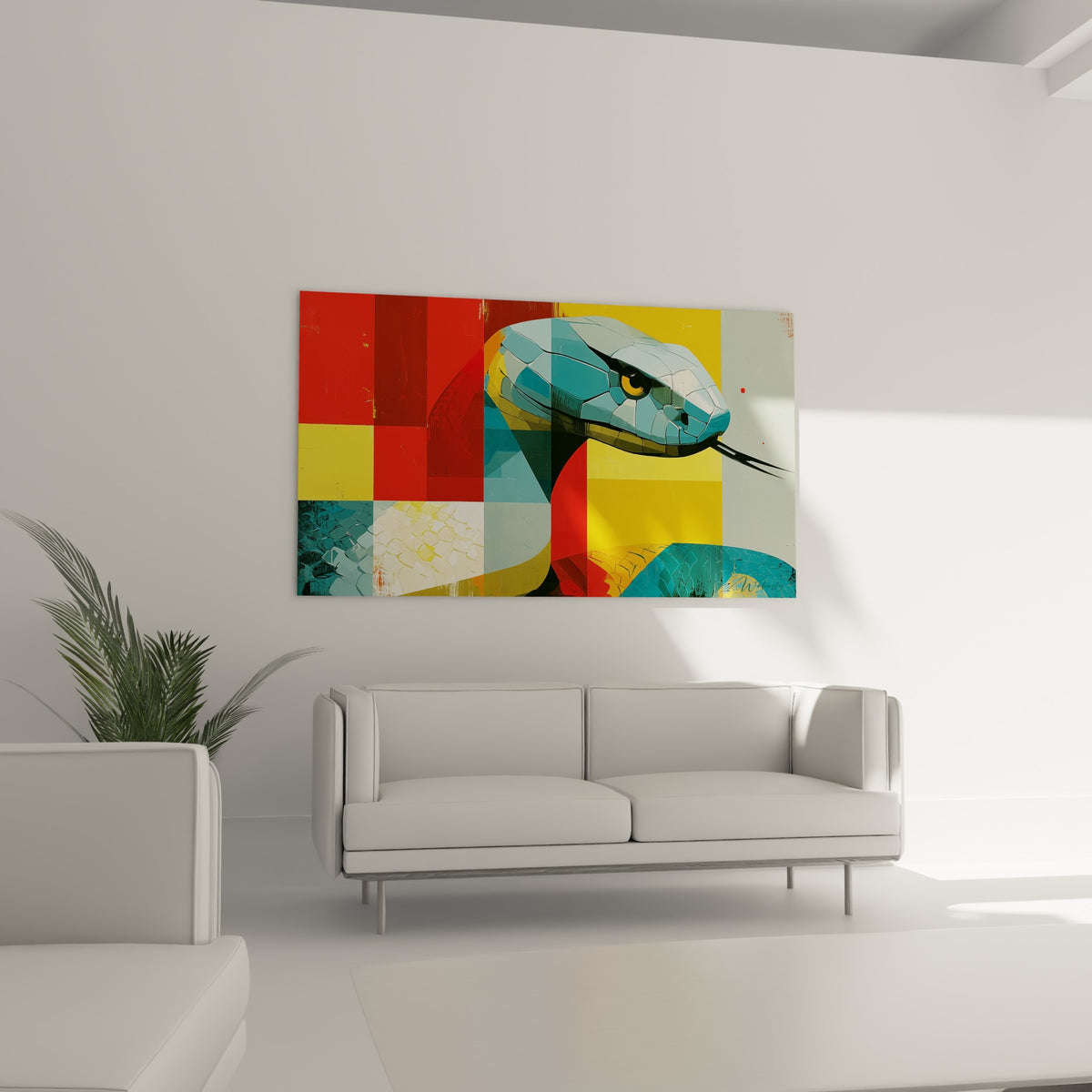 Créature stylisée en camaïeu turquoise et rouge terracotta placée au-dessus d'un canapé dans un salon lumineux