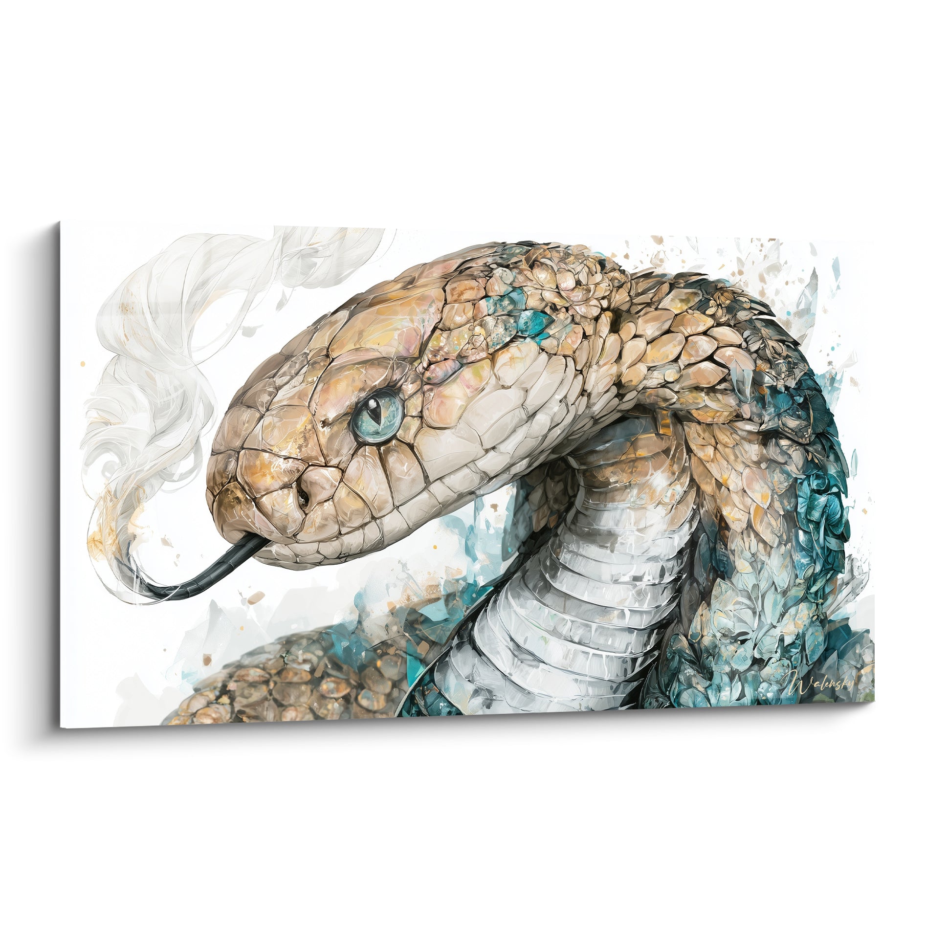 Serpent aux écailles beige et turquoise, langue noire tirée, sur fond blanc éclaboussé