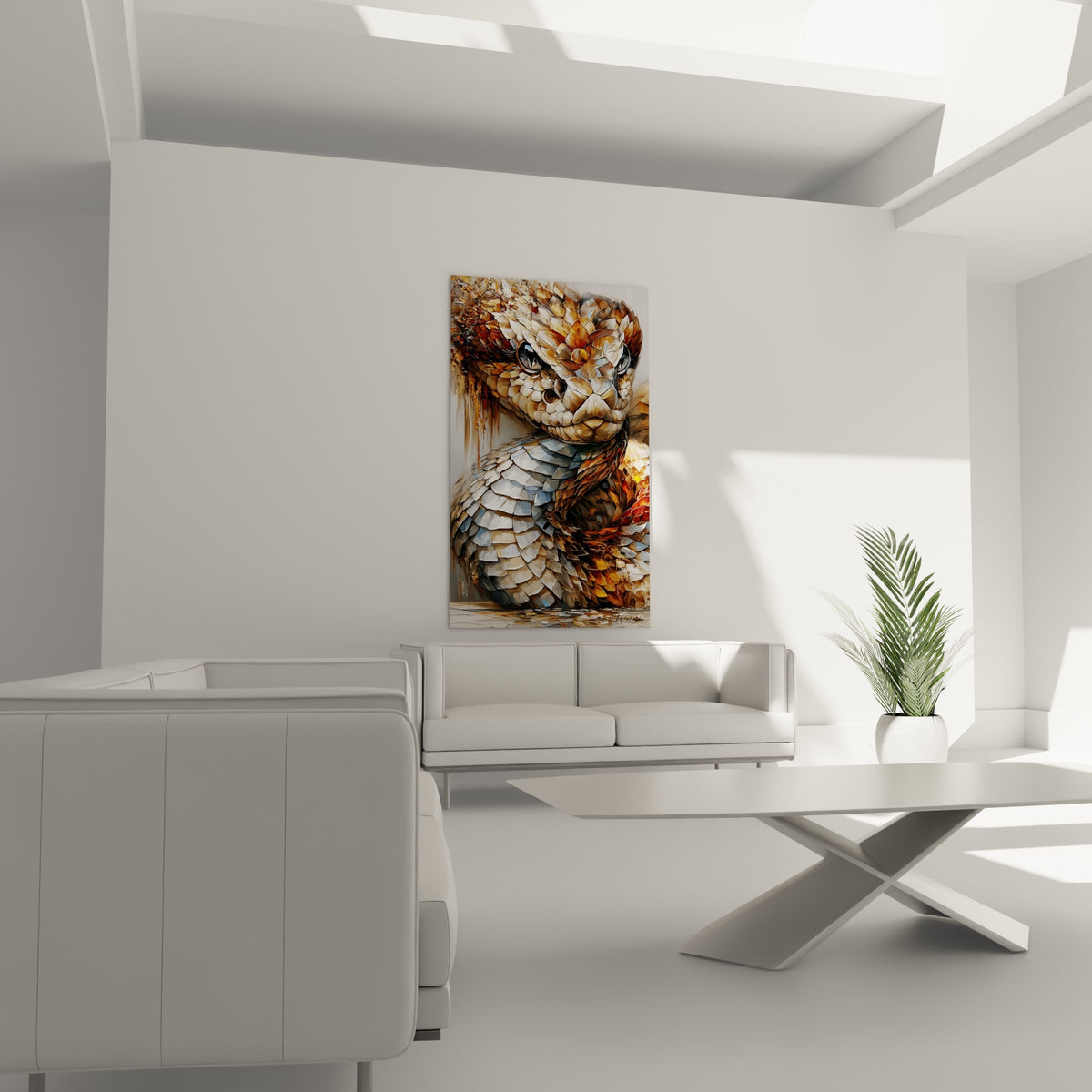 Écailles dorées et argentées d'un serpent sculpté en relief, au-dessus d'un canapé dans un salon lumineux