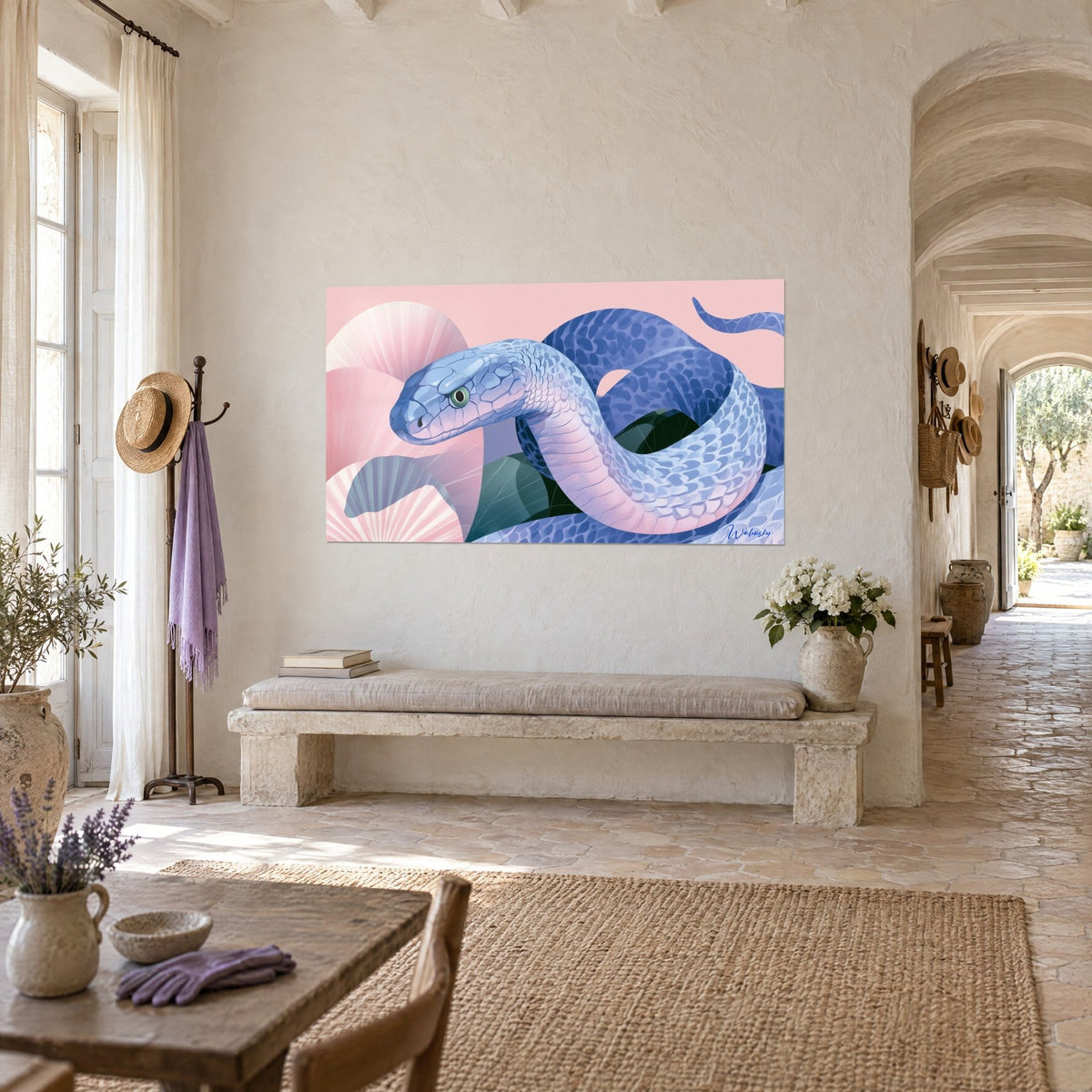 Wall art of a reptile with periwinkle and mauve scales coiled in front of pink fans, above a stone bench, Provençal farmhouse