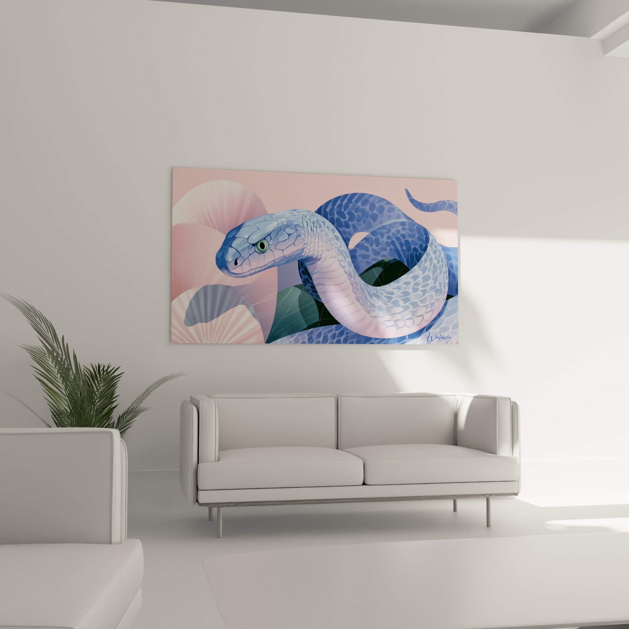 Silhouette sinueuse bleu lavande sur rose tendre, disposée au-dessus d'un canapé dans un salon lumineux