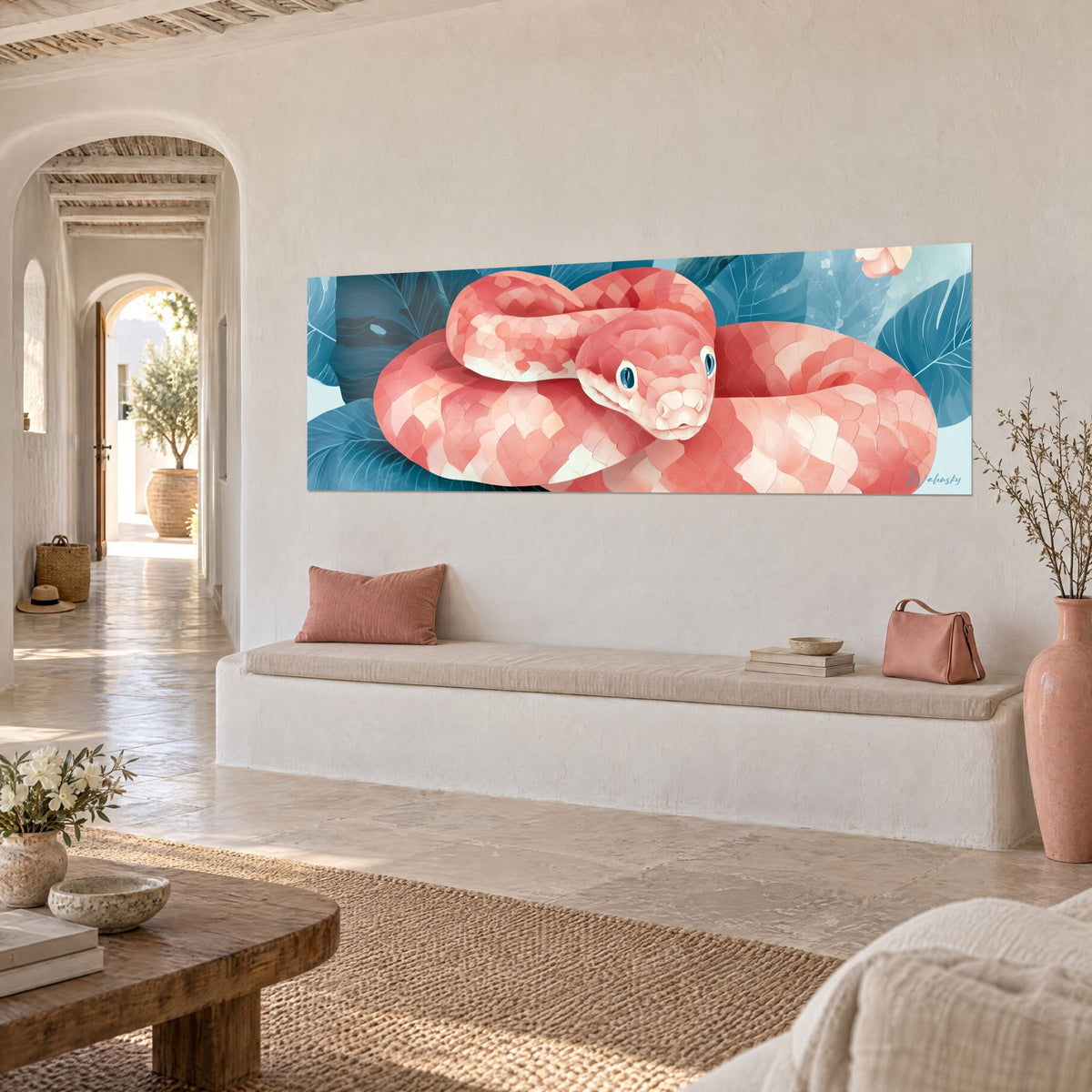Wall art blue-eyed reptile wrapped in pale pink and coral coils, peach flower at the top, whitewashed wall, stone bench
