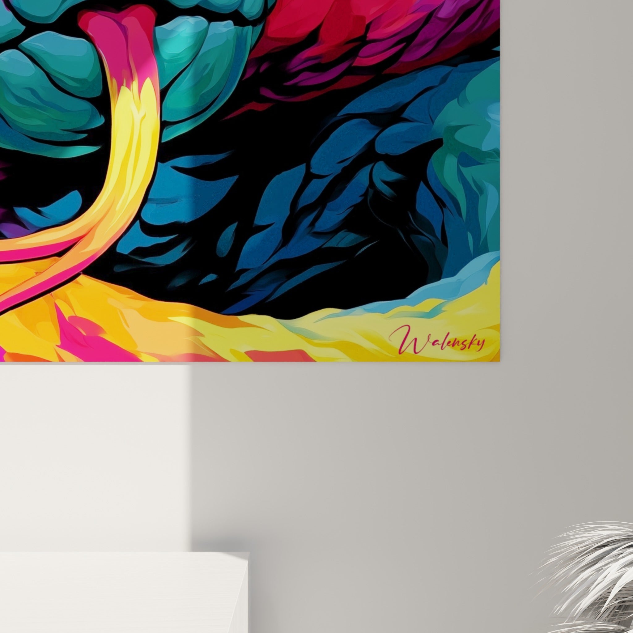Détail des écailles pourpres et dorées du serpent, empâtements colorés et grain de la matière visibles de près