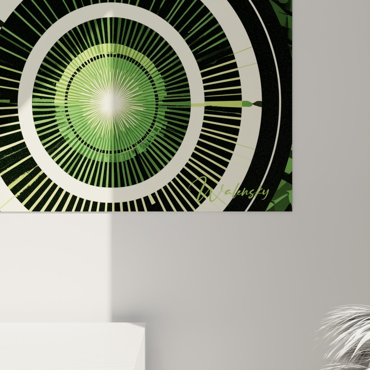 Écailles vert émeraude et cercles crème se touchant en gros plan, texture graphique nette et contrastée.