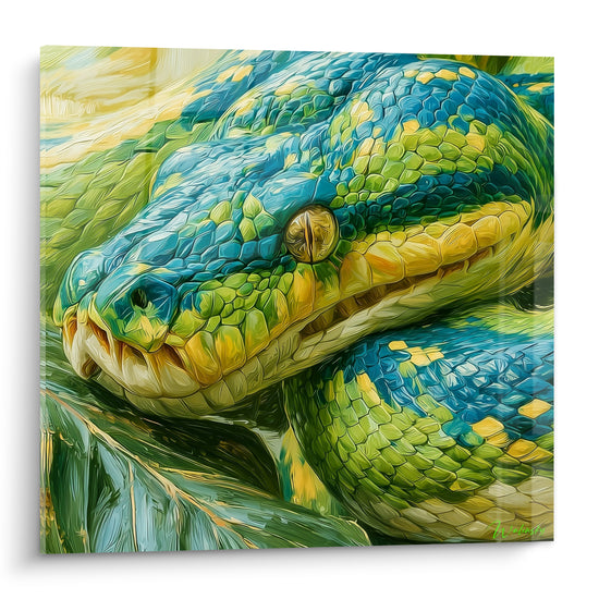 Serpent aux écailles vertes et bleues, œil doré perçant, texture peinte façon huile