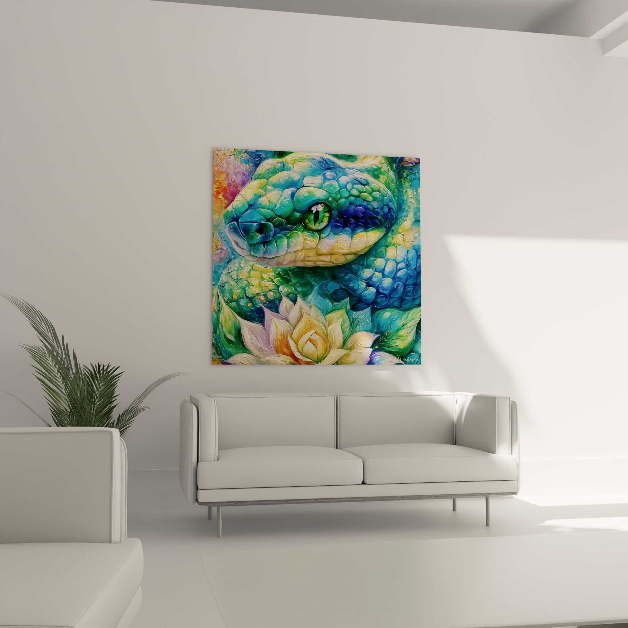 Écailles vertes et bleues du serpent entourant un lotus lilas, au-dessus d'un canapé dans un salon lumineux