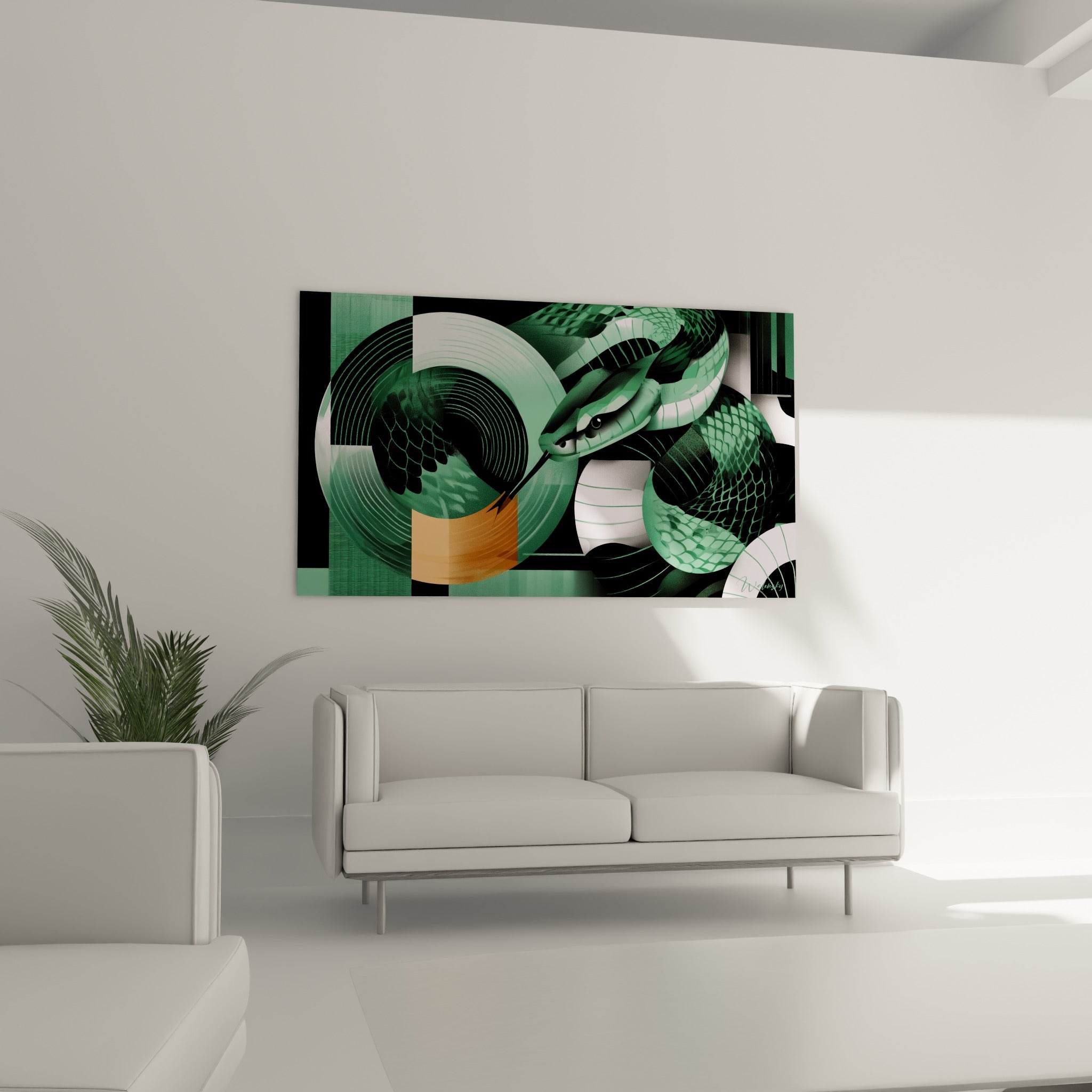 Écailles vertes et anthracite du serpent formant une composition circulaire, au-dessus d'un canapé dans un salon lumineux