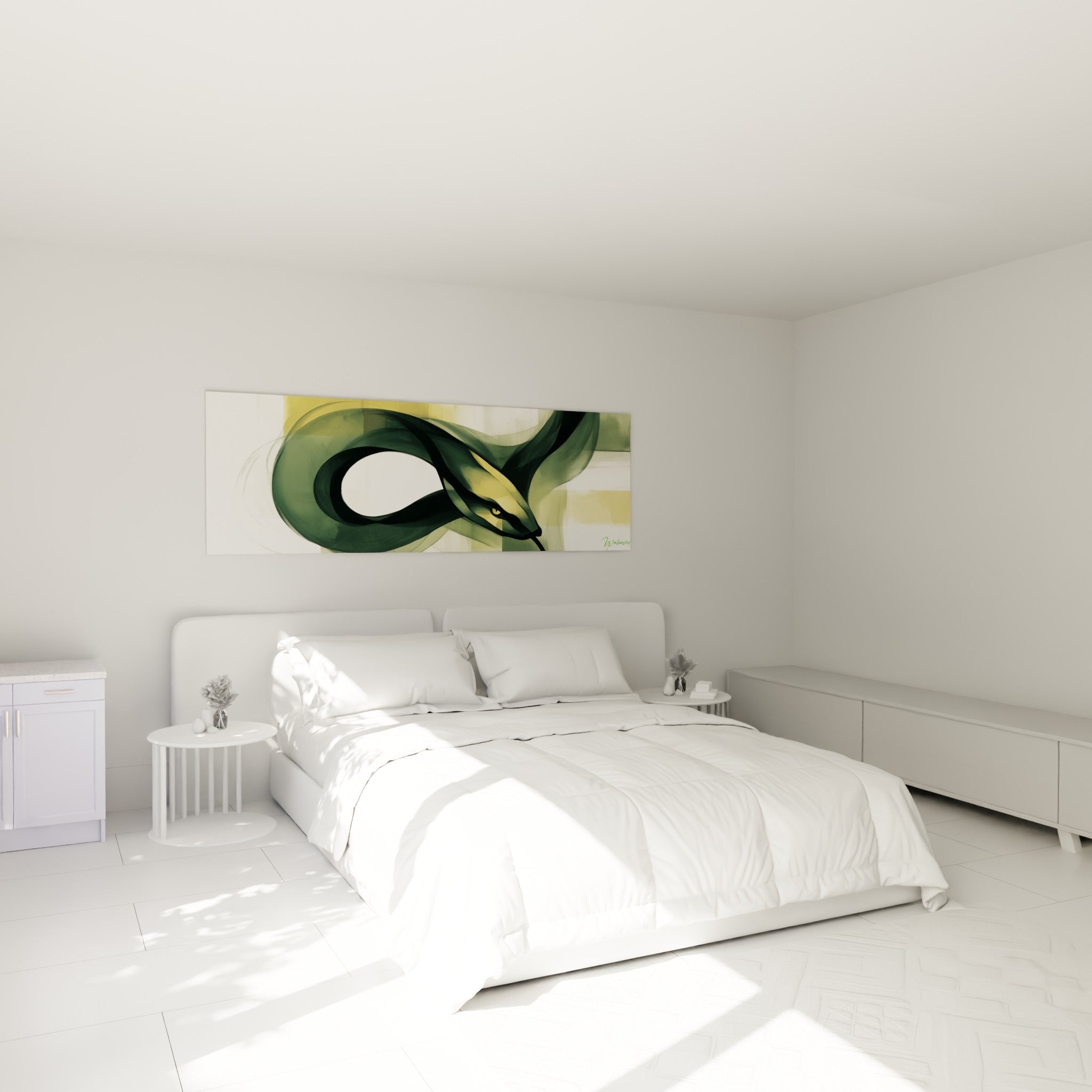 Reptile vert émeraude à tête dorée peint au-dessus d'un lit dans une chambre claire