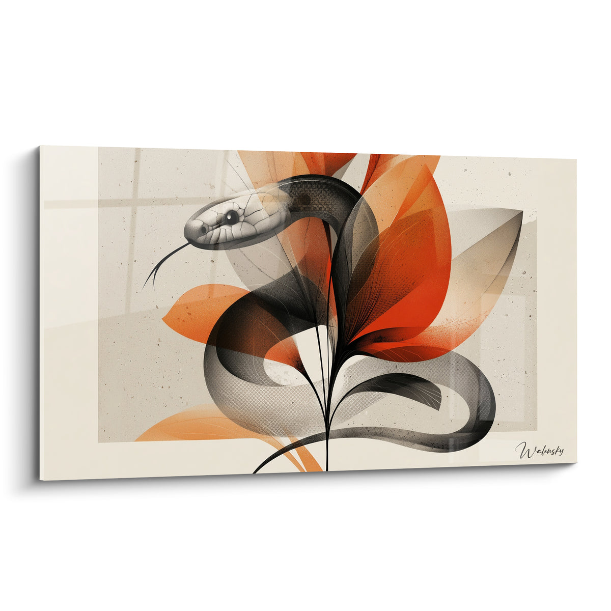 Serpent gris anthracite enlacé à une fleur orange sur fond beige texturé, style graphique épuré