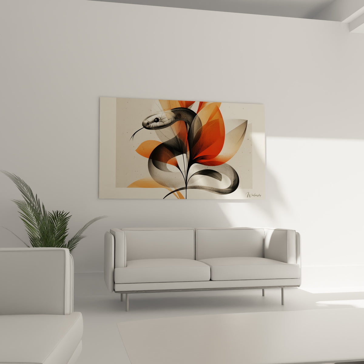 Motif serpent et fleur aux tons orange et gris, tableau placé au-dessus d'un canapé dans un salon lumineux