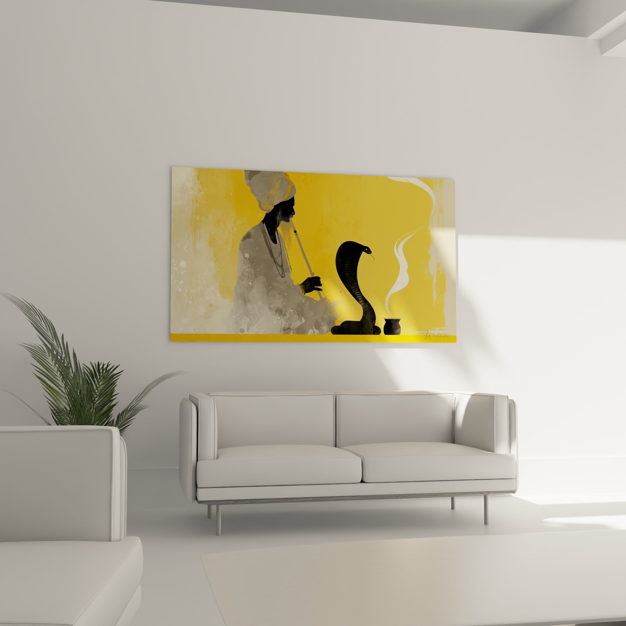 Silhouette du charmeur jouant de la flûte près du cobra noir, fumée blanche montante, au-dessus d'un canapé dans un salon lumineux