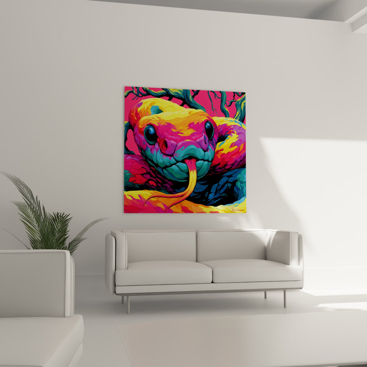 Tête de serpent multicolore jaune et rose, langue fourchue vive, au-dessus d'un canapé dans un salon lumineux