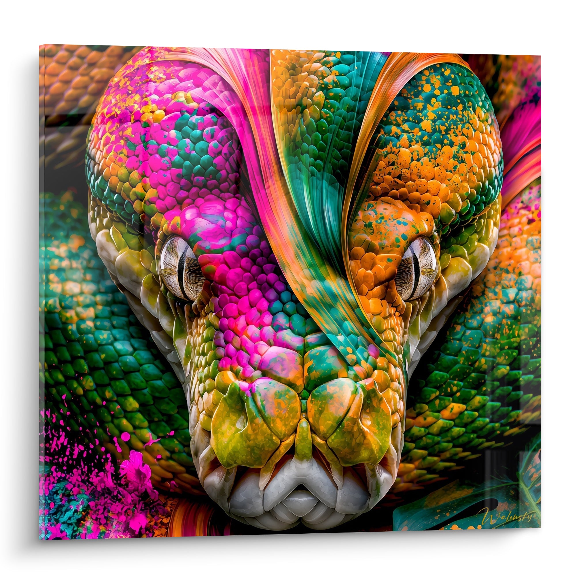 Serpent aux écailles fuchsia et vert émeraude, regard fixe, tête entière peinture numérique éclatante