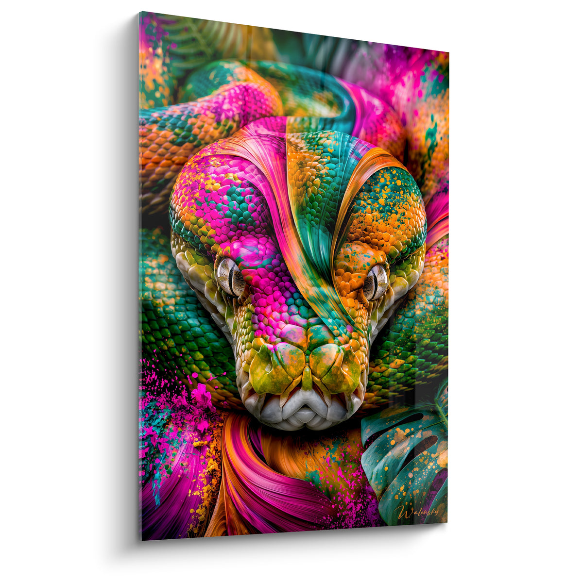 Serpent aux écailles fuchsia, turquoise et orangées, regard fixe, style pictural psychédélique intense