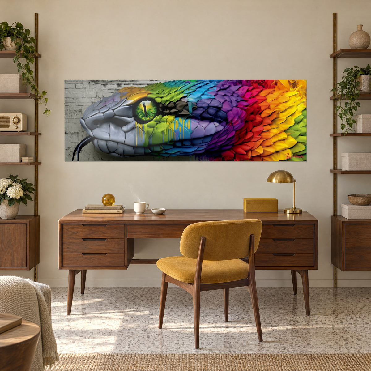 Tableau serpent graffiti aux écailles vertes, violettes et orange vif, fond de briques grises, au-dessus d'un bureau en bois