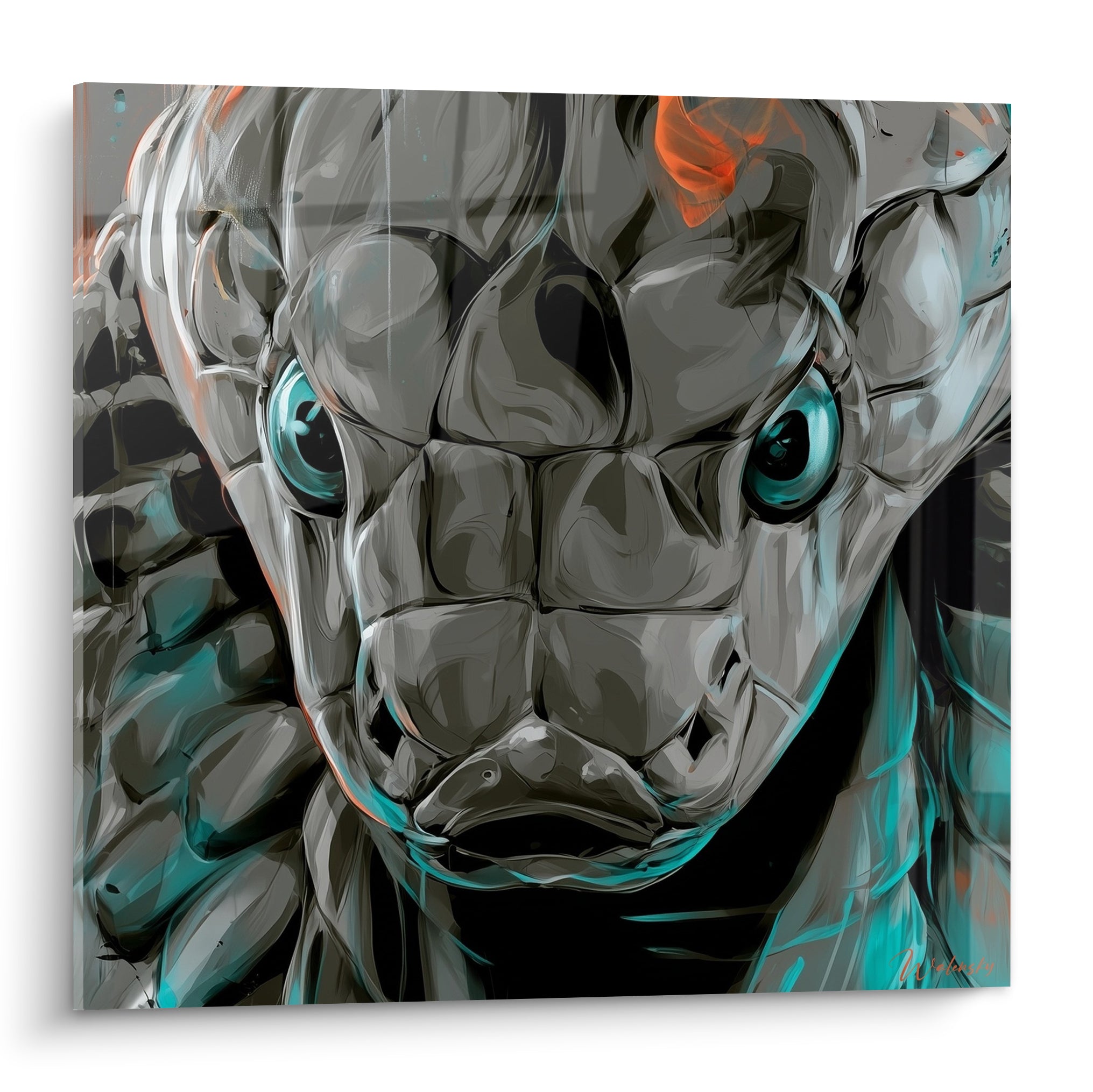 Serpent gris aux écailles texturées et yeux turquoise perçants, touches d'orange sur le crâne