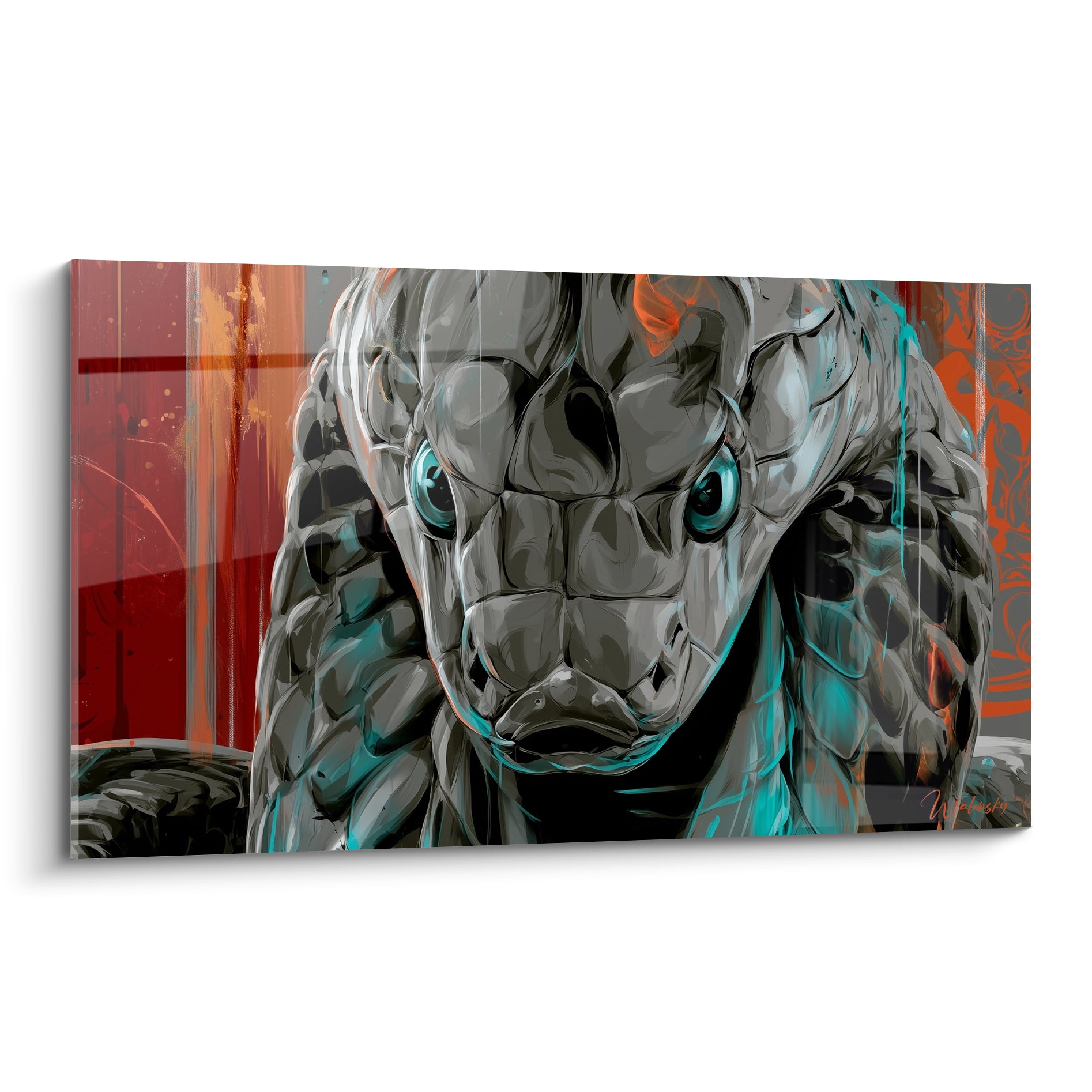 Serpent gris aux écailles sculptées et yeux turquoise, fond rouge terracotta, tableau graphique intense
