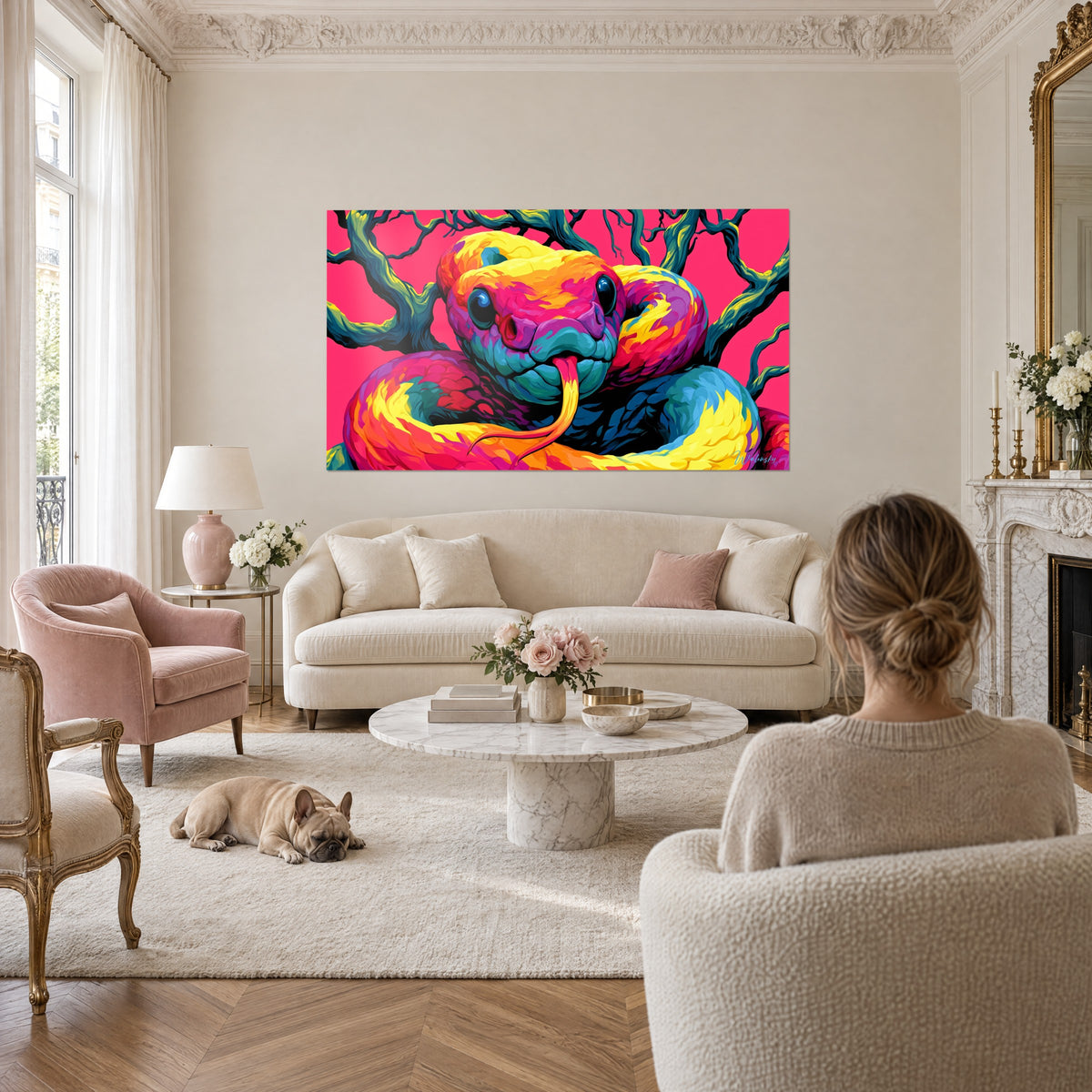 Tableau serpent arc-en-ciel lové sur fond rose fuchsia, langue jaune tendue, au-dessus d'un canapé dans un salon lumineux