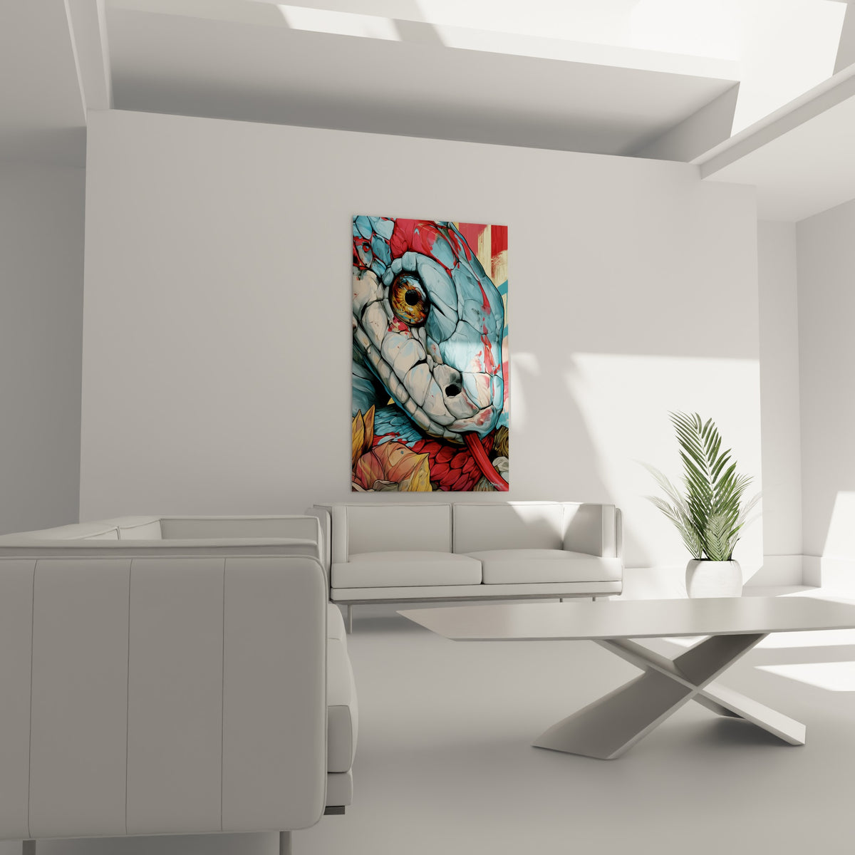 Tête de serpent bleu ciel et rouge écarlate accrochée au-dessus d'un canapé dans un salon lumineux