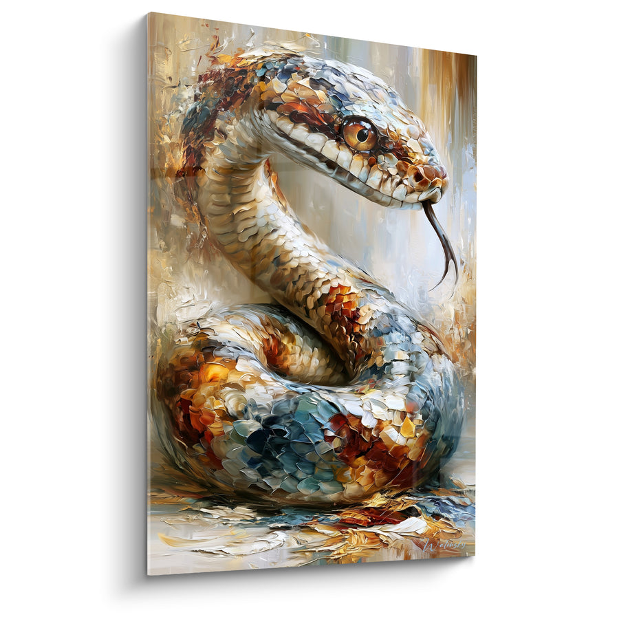 Tableau Serpent blanc et roux langue tirée - Écailles texturées mosaïquées - Edition Serpent