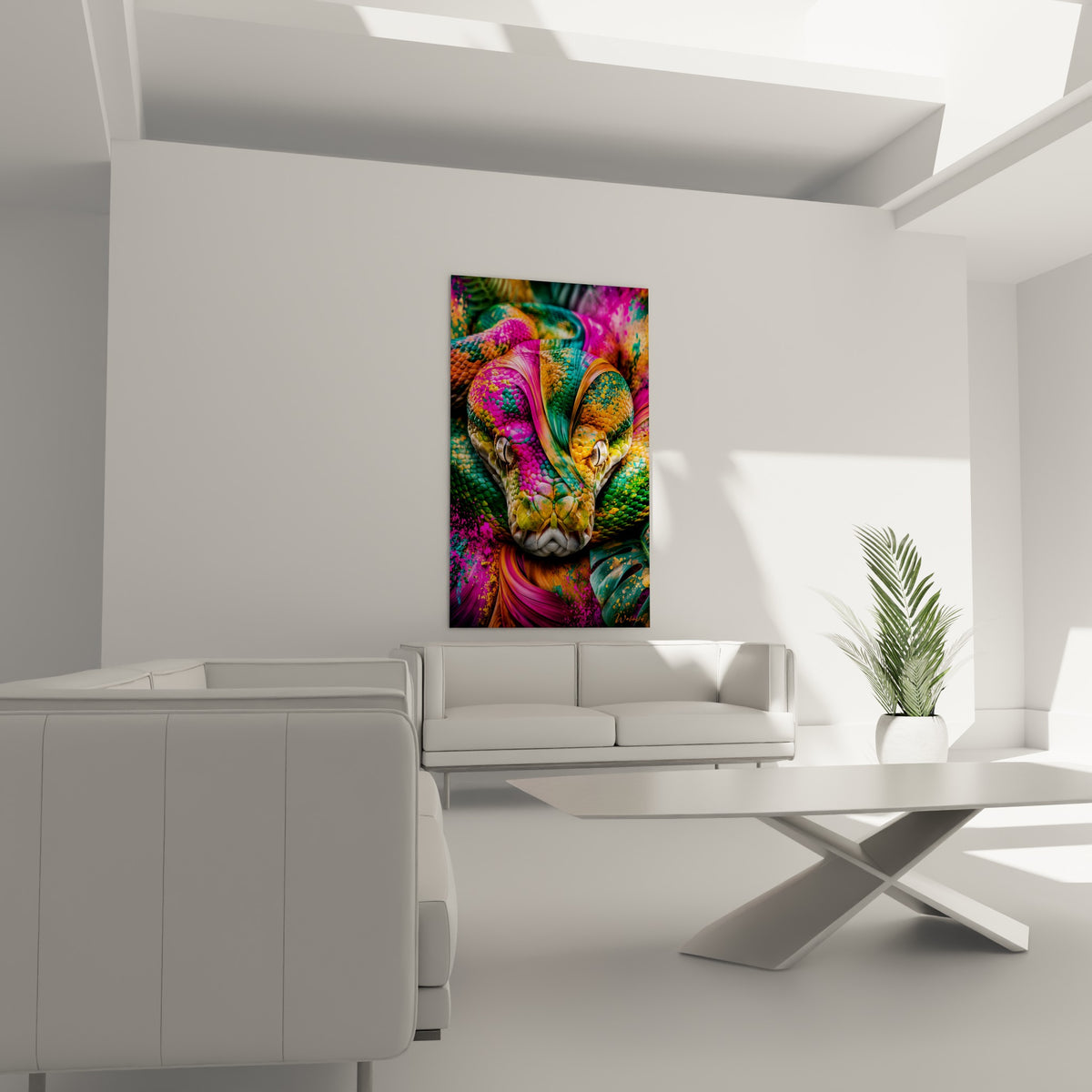 Tête de serpent aux teintes magenta et turquoise au-dessus d'un canapé dans un salon lumineux